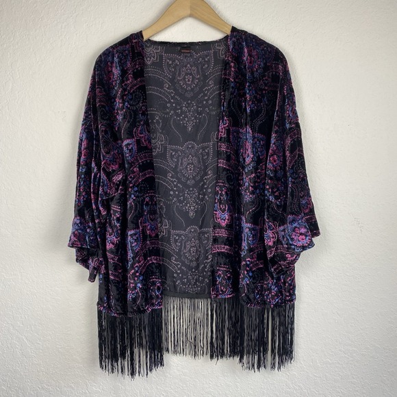 Bongo Size XL Kimono Velvet Burnout Jacket Fringe Whimsigoth Fairy Grunge Hippie - Picture 1 of 7